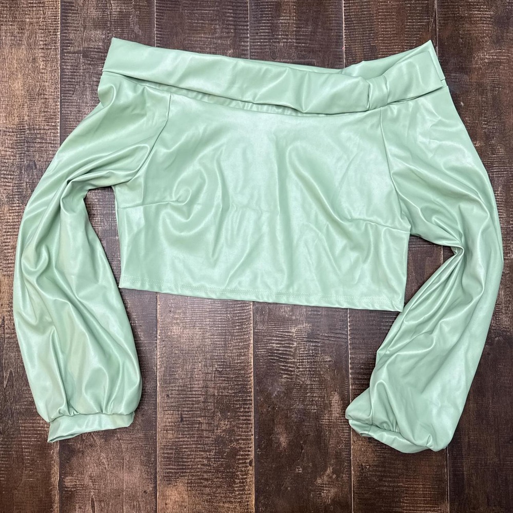 Sage Green Faux Leather Off The Shoulder Crop Top With Half Bow Shoulder Detail